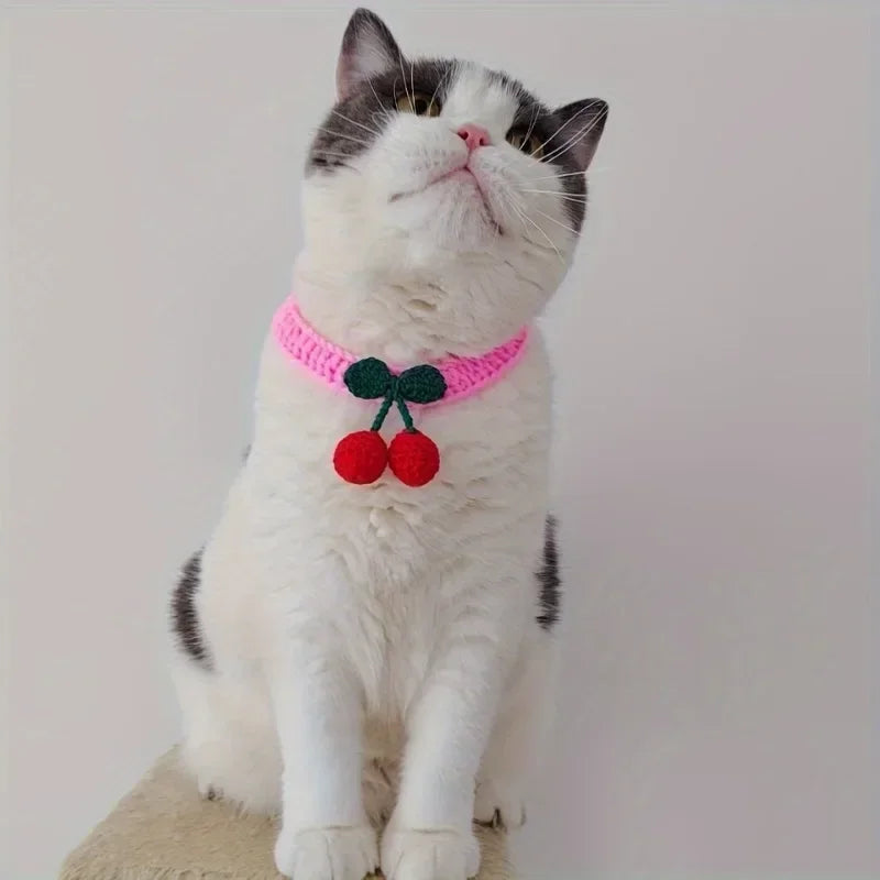 Pet Collar Handmade Knitted Cat Collar With Cherry Decor Cute Cat Necklace Cat Supplies ошейник для кошек  para gatos accesorios