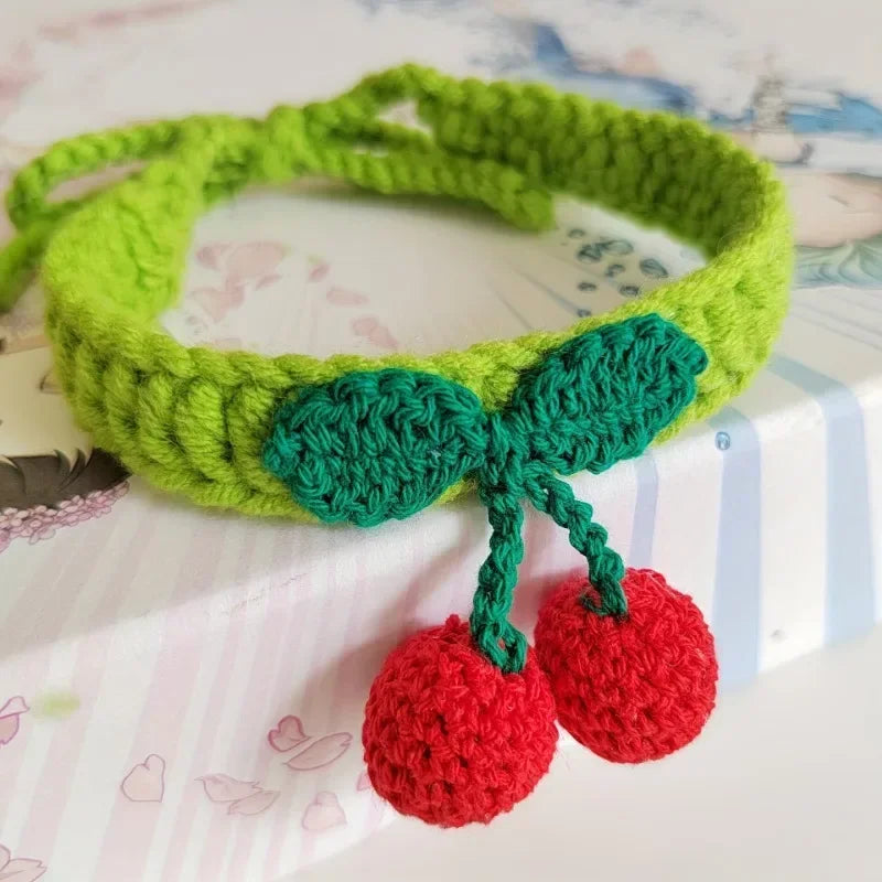Pet Collar Handmade Knitted Cat Collar With Cherry Decor Cute Cat Necklace Cat Supplies ошейник для кошек  para gatos accesorios