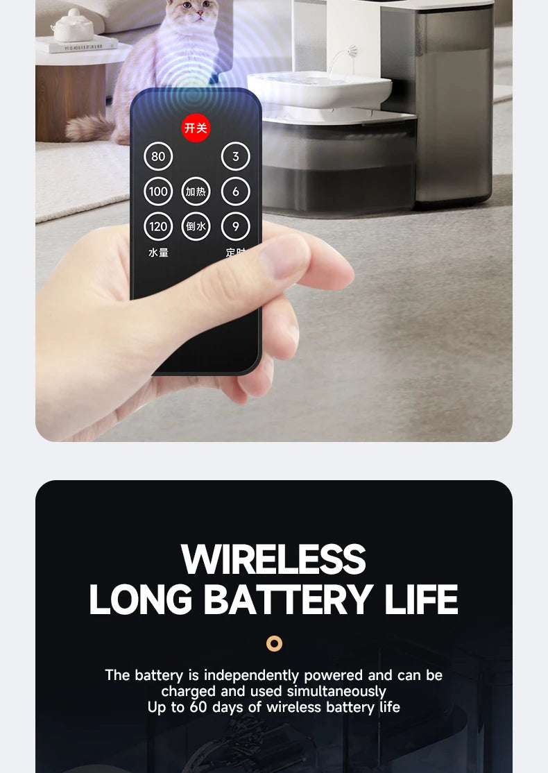 Water Fountain For Ceramic Cats: 28°C Heated Dual-Tank Design for Constant Fresh Water & Wireless remote Use 4.5L Cat Water Feed