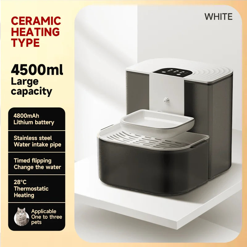 Water Fountain For Ceramic Cats: 28°C Heated Dual-Tank Design for Constant Fresh Water & Wireless remote Use 4.5L Cat Water Feed