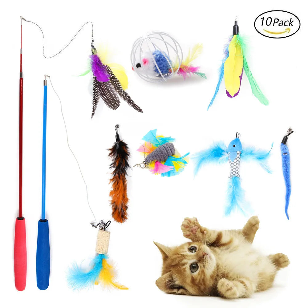 Cat Toy Set Interactive Play Kitten Toys for Indoor Cats Fun Exercise Entertainment Pet Fishing Rod Teaser Wand Plush Mouse