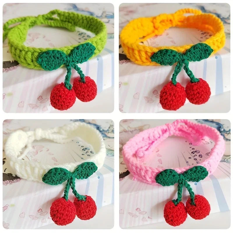 Pet Collar Handmade Knitted Cat Collar With Cherry Decor Cute Cat Necklace Cat Supplies ошейник для кошек  para gatos accesorios