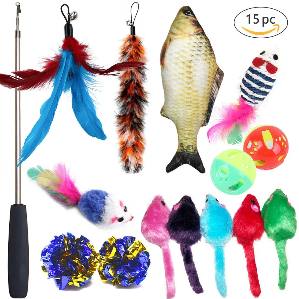 Cat Toy Set Interactive Play Kitten Toys for Indoor Cats Fun Exercise Entertainment Pet Fishing Rod Teaser Wand Plush Mouse