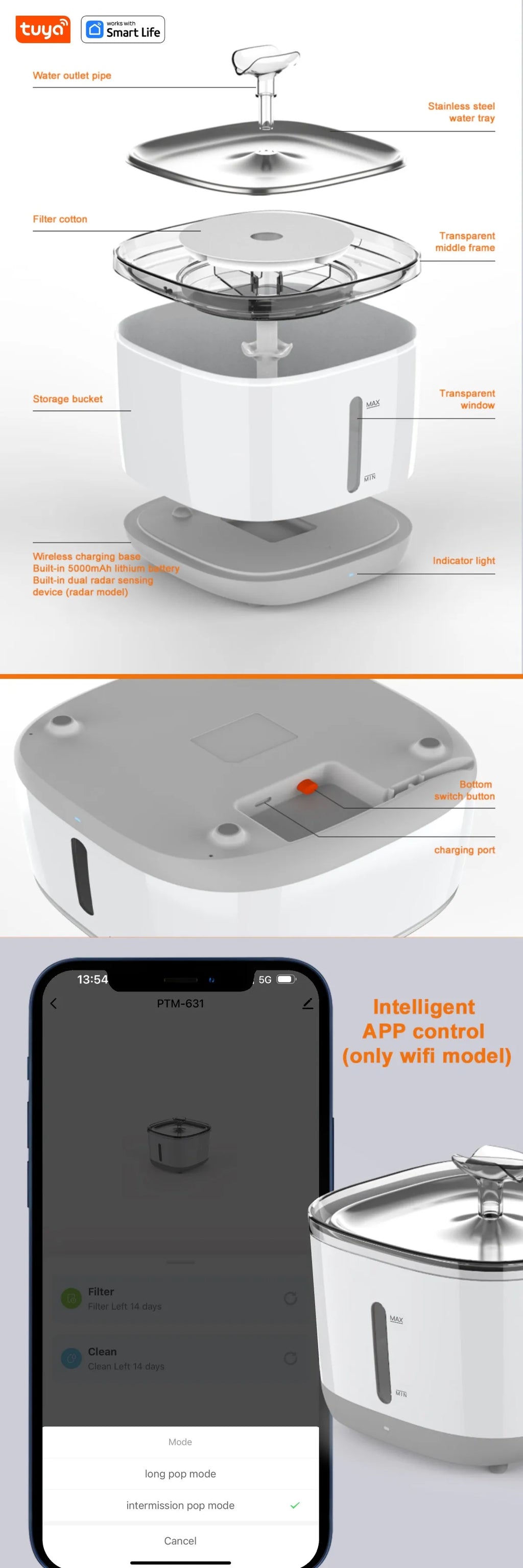 Cat Water Fountain, 2.5L/84oz Tuya Smart App Pet Water Fountain,Automatic Water Dispenser for Cats Inside with SUS304 Bowl