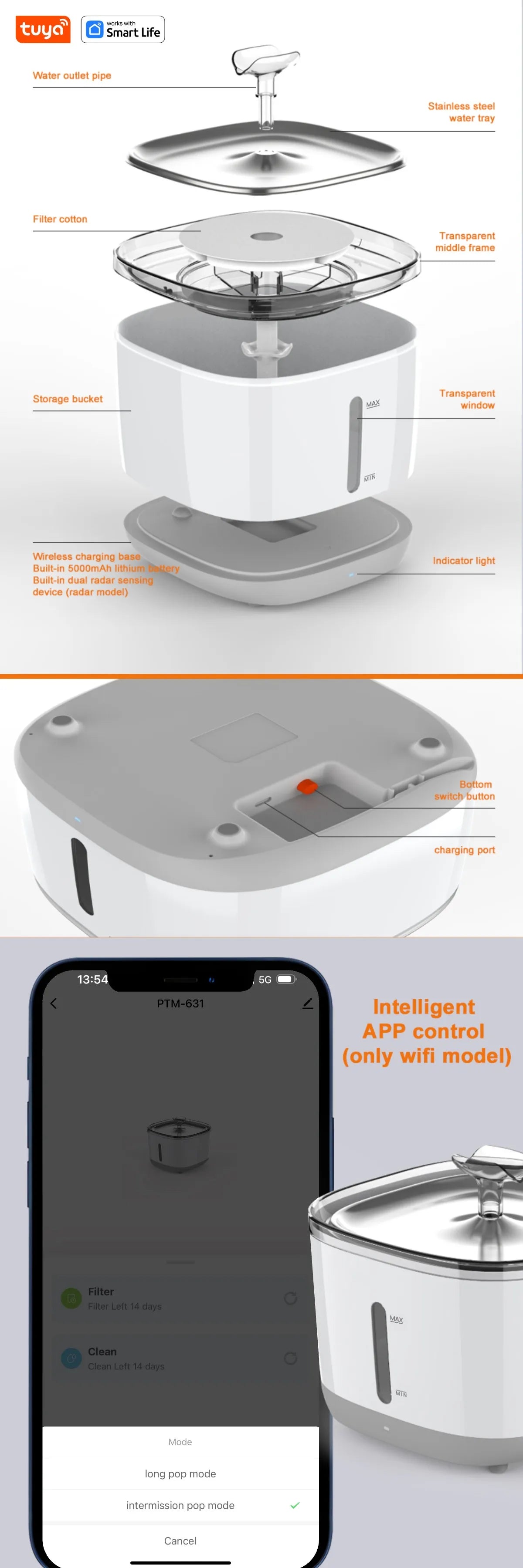 Cat Water Fountain, 2.5L/84oz Tuya Smart App Pet Water Fountain,Automatic Water Dispenser for Cats Inside with SUS304 Bowl