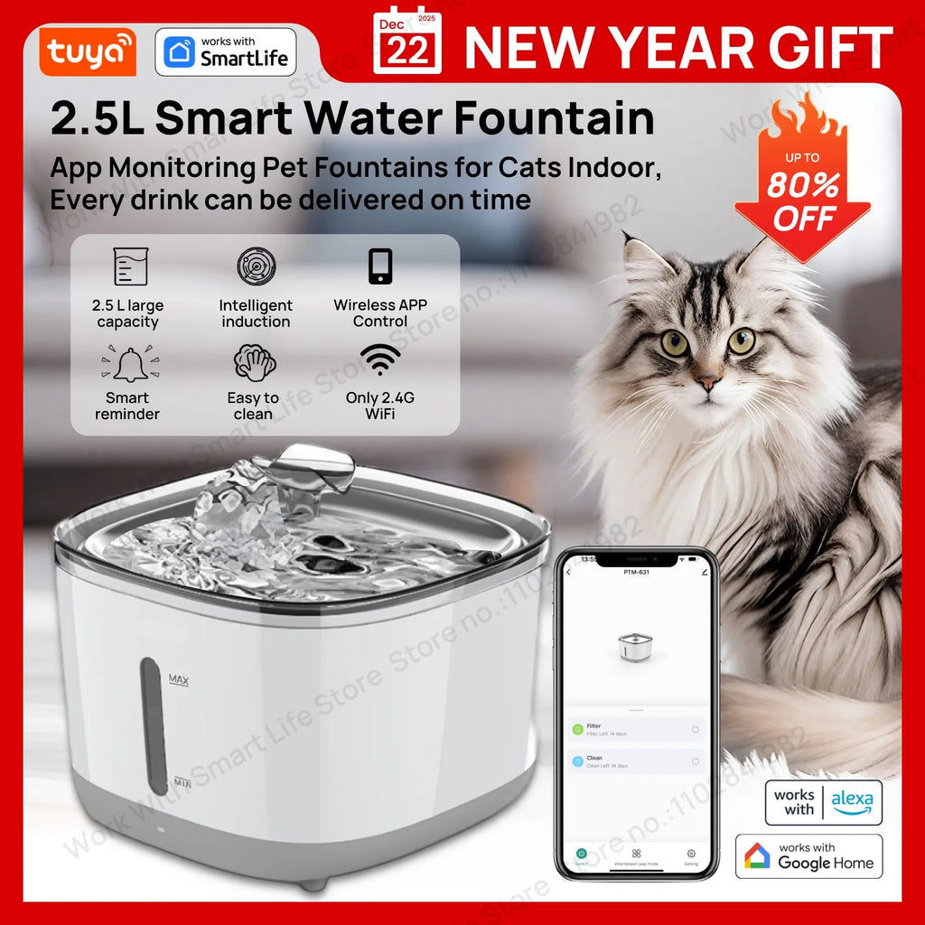 Cat Water Fountain, 2.5L/84oz Tuya Smart App Pet Water Fountain,Automatic Water Dispenser for Cats Inside with SUS304 Bowl