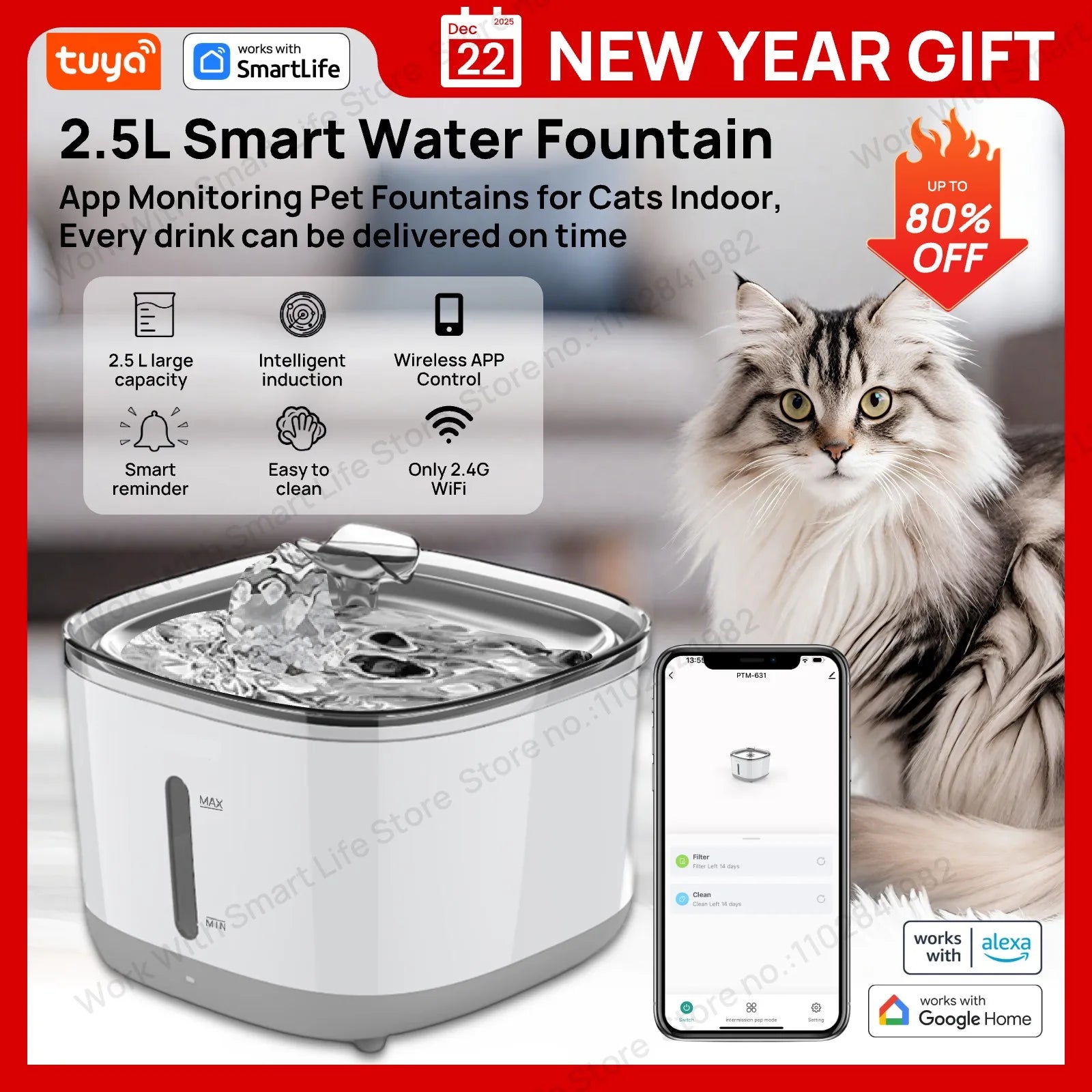 Cat Water Fountain, 2.5L/84oz Tuya Smart App Pet Water Fountain,Automatic Water Dispenser for Cats Inside with SUS304 Bowl