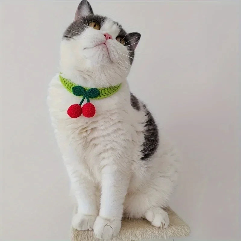 Pet Collar Handmade Knitted Cat Collar With Cherry Decor Cute Cat Necklace Cat Supplies ошейник для кошек  para gatos accesorios
