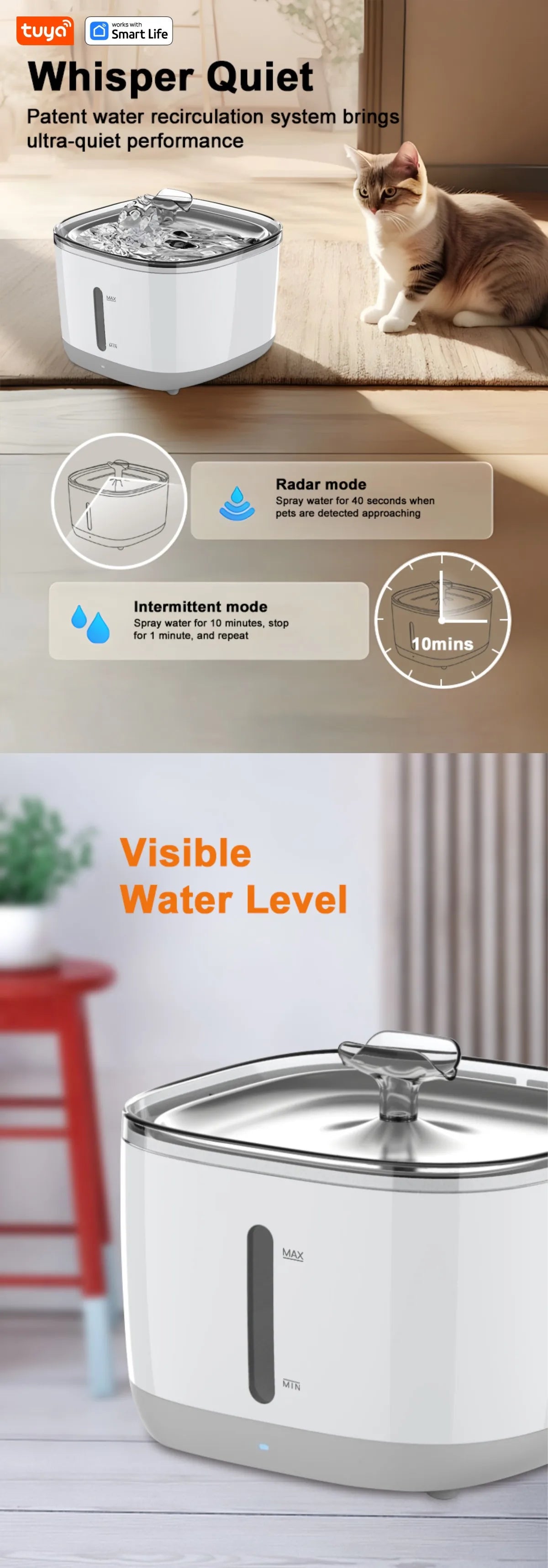 Cat Water Fountain, 2.5L/84oz Tuya Smart App Pet Water Fountain,Automatic Water Dispenser for Cats Inside with SUS304 Bowl