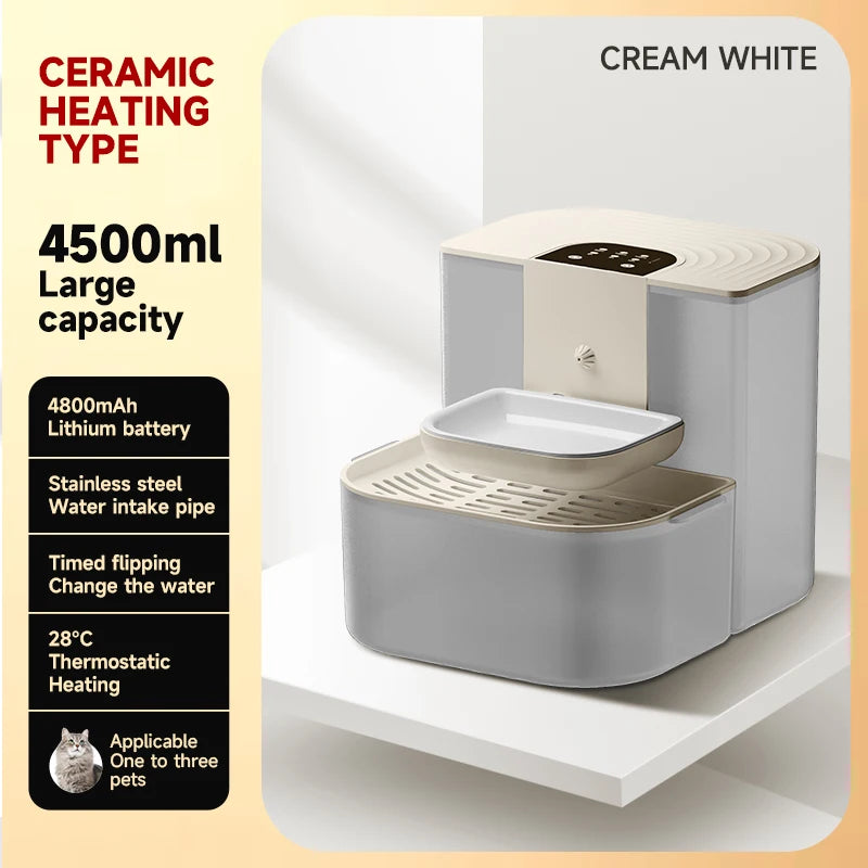 Water Fountain For Ceramic Cats: 28°C Heated Dual-Tank Design for Constant Fresh Water & Wireless remote Use 4.5L Cat Water Feed