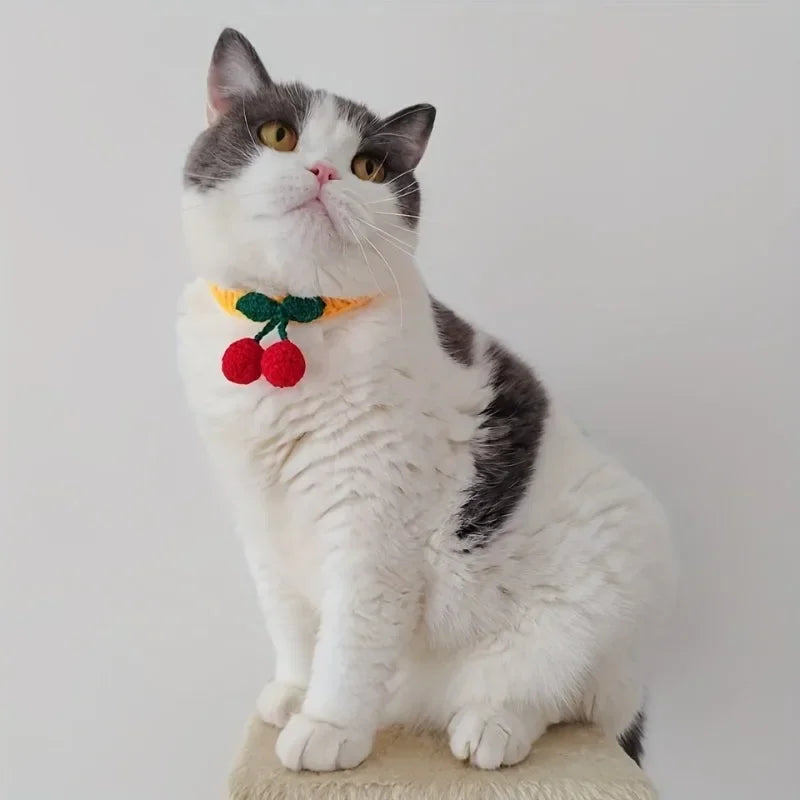 Pet Collar Handmade Knitted Cat Collar With Cherry Decor Cute Cat Necklace Cat Supplies ошейник для кошек  para gatos accesorios
