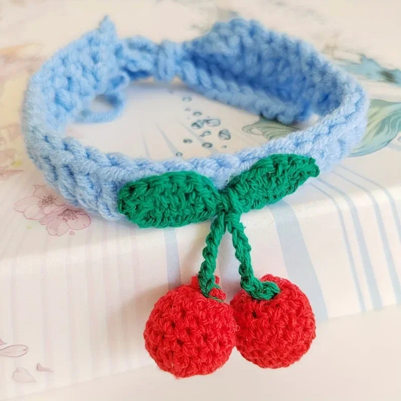 Pet Collar Handmade Knitted Cat Collar With Cherry Decor Cute Cat Necklace Cat Supplies ошейник для кошек  para gatos accesorios