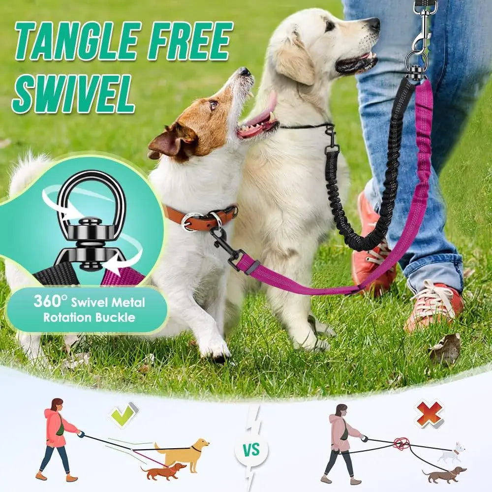 1.6ft Long Dual Dog Leash Attachment - Double Leashes for Training Small to Large Dogs - Adjustable Strap Shock Absorbing Bungee