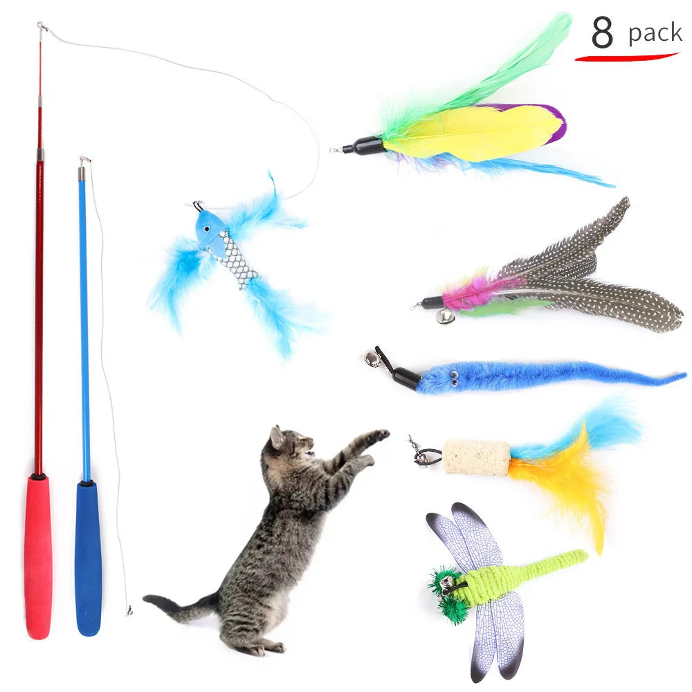 Cat Toy Set Interactive Play Kitten Toys for Indoor Cats Fun Exercise Entertainment Pet Fishing Rod Teaser Wand Plush Mouse